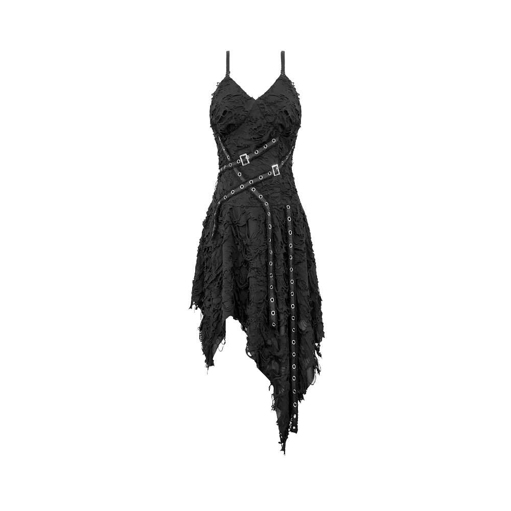Dark in Love - PostApocalyptic with Shredded Texture and Metallic Buckle Harness Short dress - Black